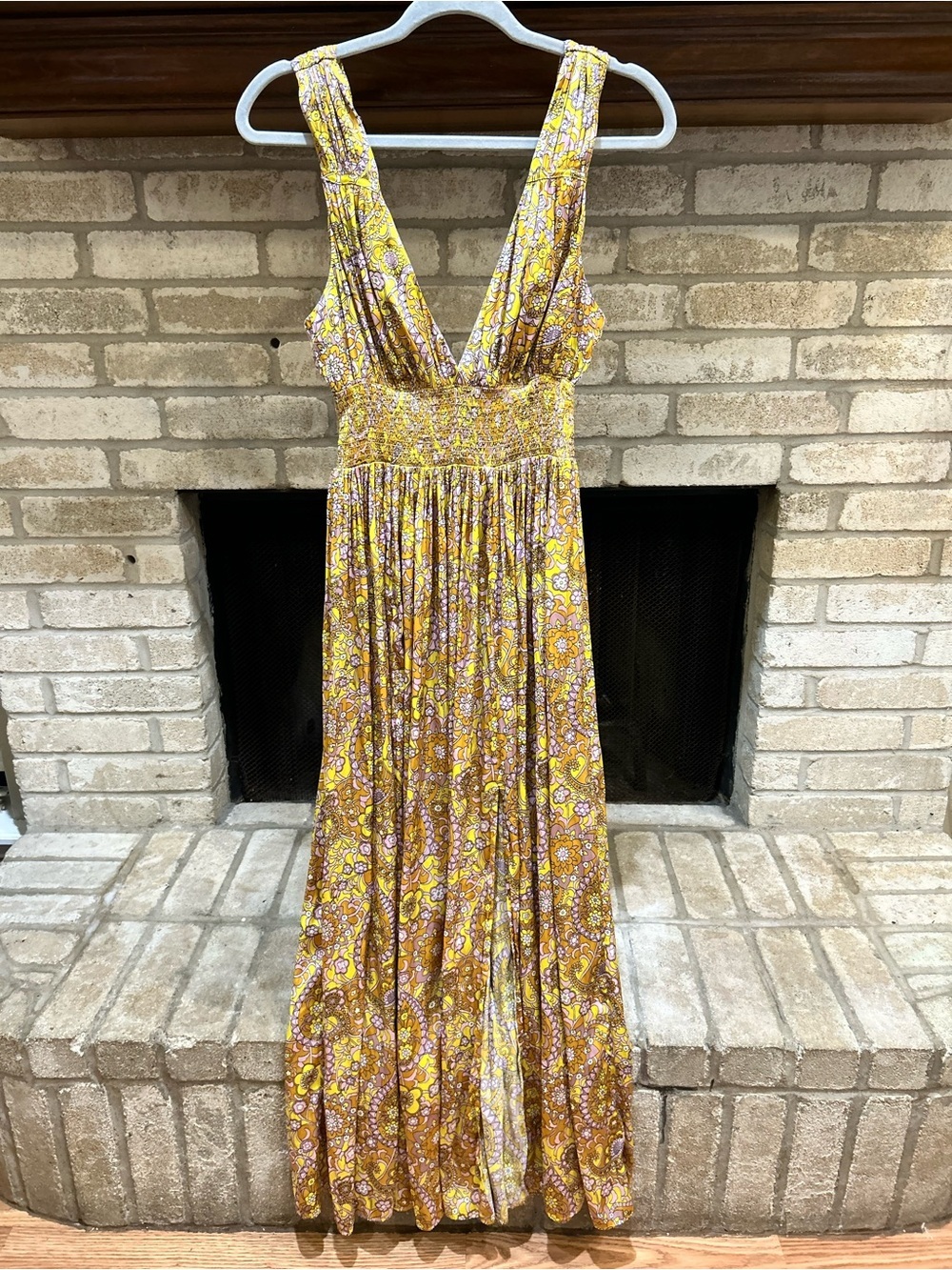J Crew Yellow Floral Maxi Dress with Deep V Neck